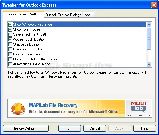 Tweaker for Outlook Express Captura de tela 1