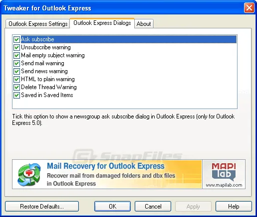 Tweaker for Outlook Express Captura de tela 2