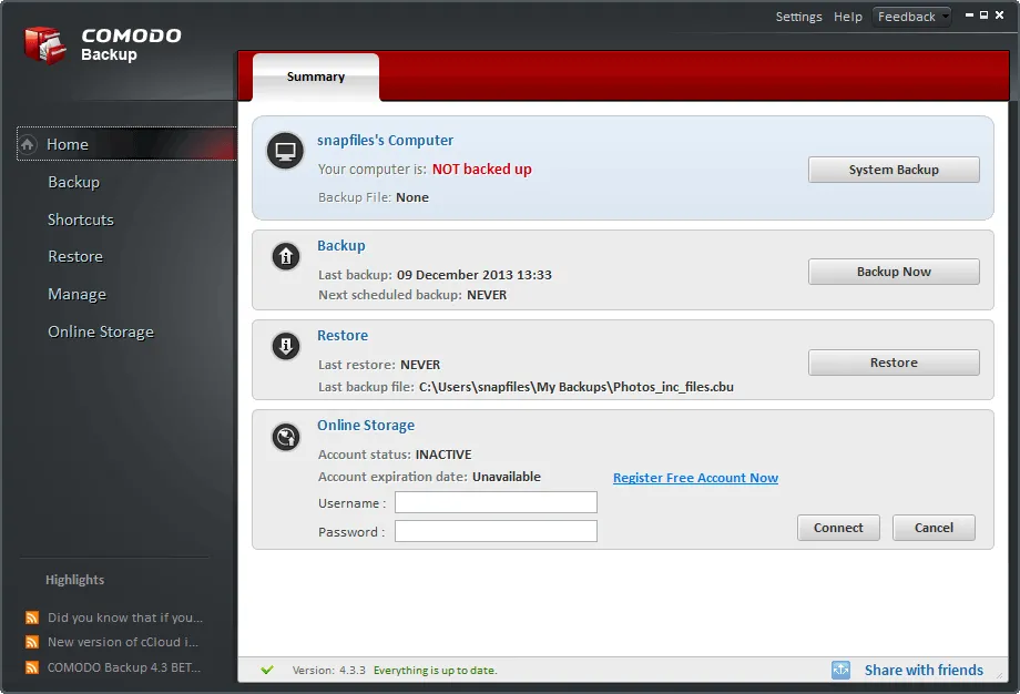 Comodo Backup Captura de tela 1