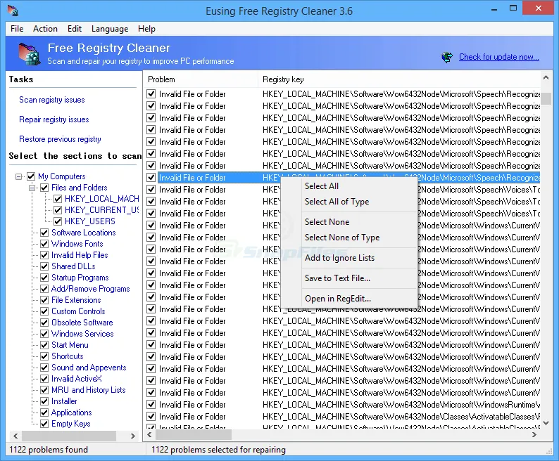 Eusing Free Registry Cleaner Captura de tela 1