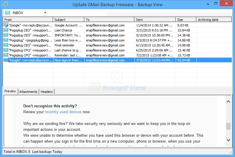 UpSafe Gmail Backup Captura de tela 2